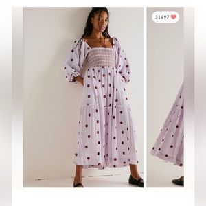 Free People Dahlia Embroidered Gauzy Smocked Puff Sleeve Maxi Dress Lavender